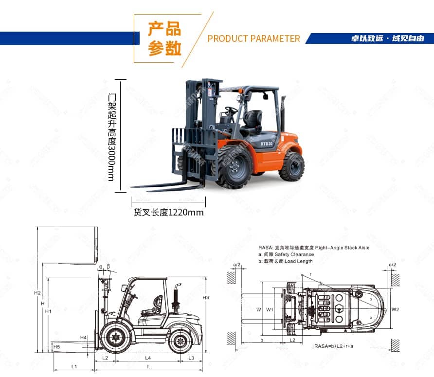 两驱越野内燃叉车3T-3.5T产品参数